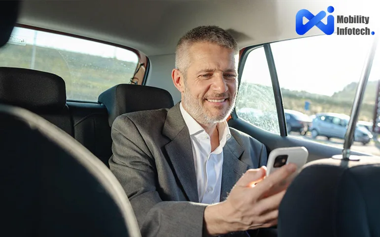 a man sitting a car and talking by smart phone