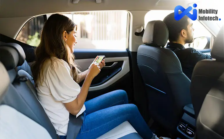 A girl passenger is watch smartphone 