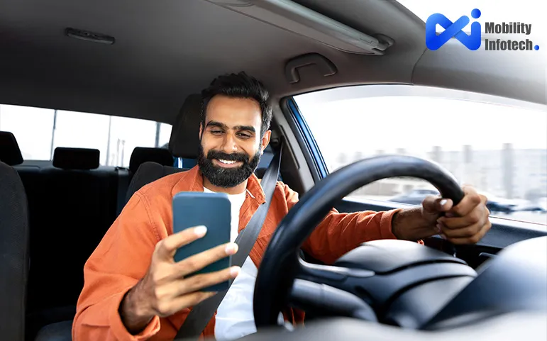 A man driving a car see smart phone