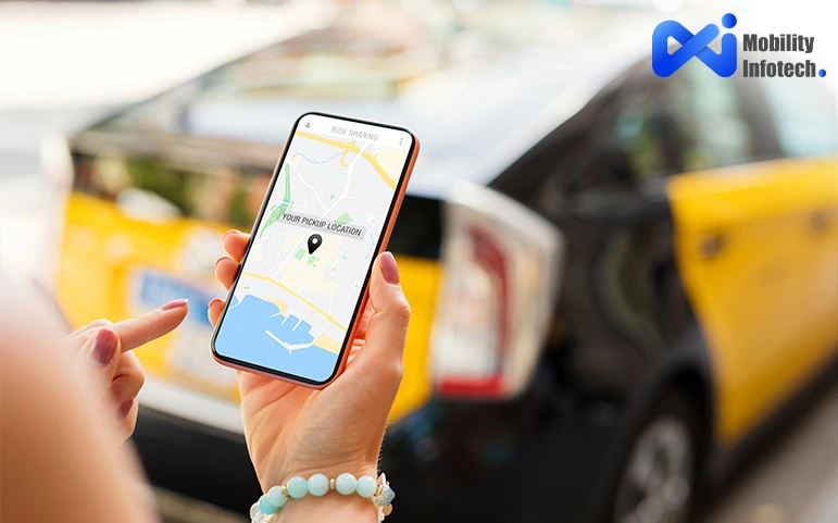 Person booking a taxi through a ride-hailing app on smartphone