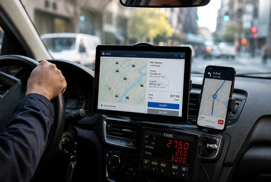 taxi interior showing dispatch software tablet, GPS navigation smartphone, digital fare meter, and live ride management system inside a modern taxi vehicle
