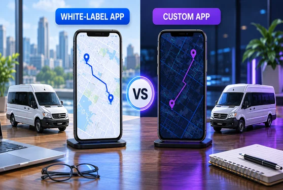 comparison of white-label and custom shuttle app solutions featuring smartphone mockups, shuttle fleet vehicles, route tracking interfaces, and a business-focused workspace