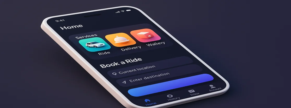 Super app UI design showing ride-hailing food delivery and wallet features