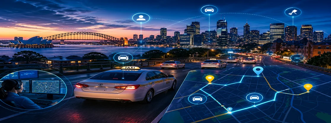 Australian city with multiple taxis connected through a digital dispatch system, showing real-time GPS routes and smart fleet coordination on a futuristic interface