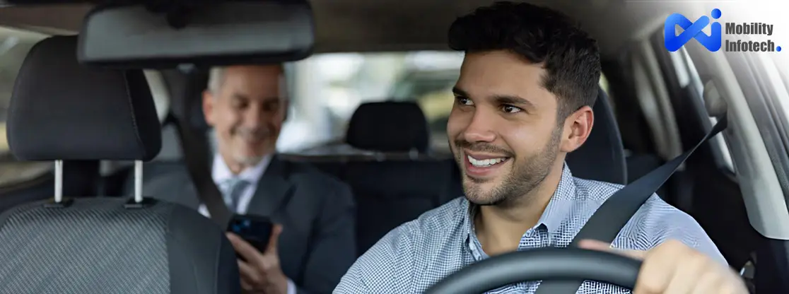 a old man using smart phone and driver drive the car