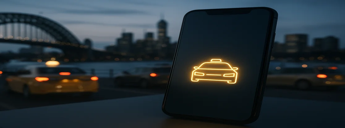 Smartphone showing a taxi booking app interface with an Australian city skyline in the background