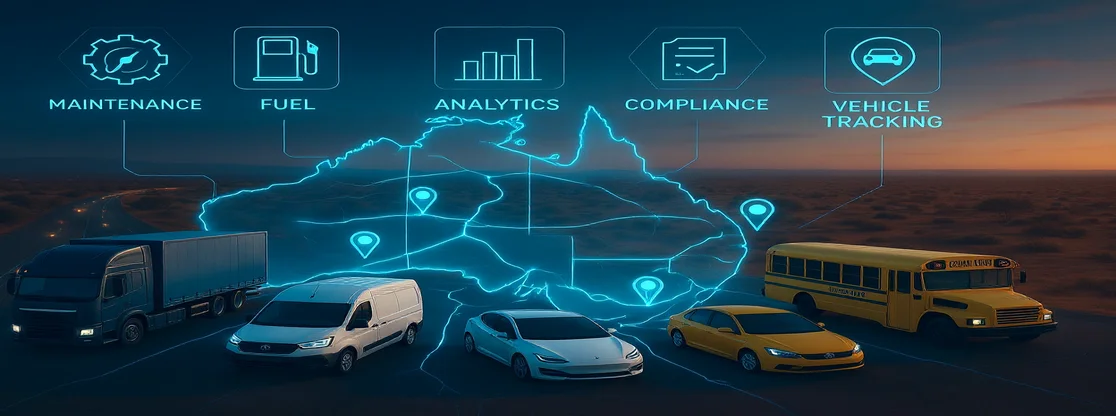 fleet management software in Australia showing connected vehicles, GPS tracking, and telematics dashboard