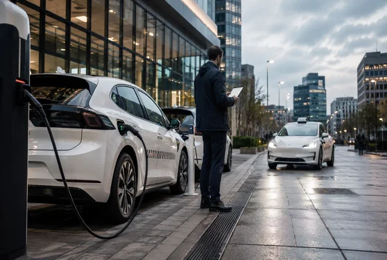 Fleet manager checking a tablet beside charging electric taxis on a city street.