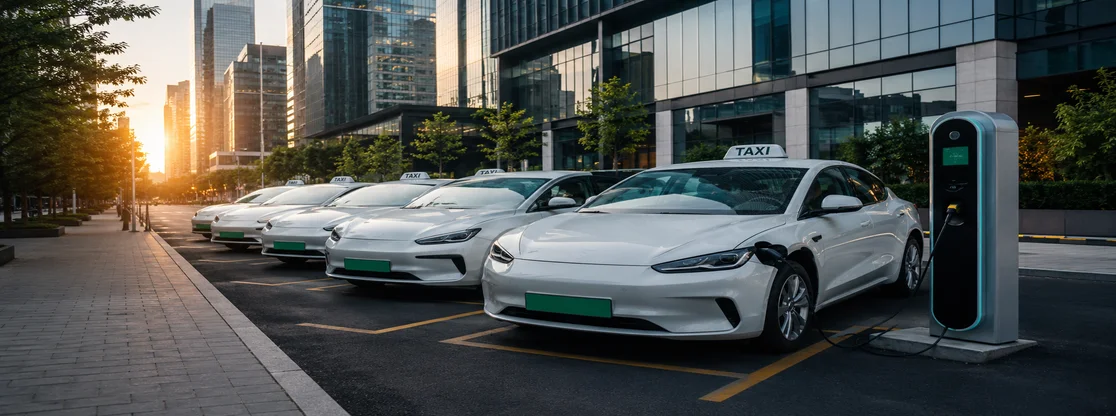 Electric taxi fleet charging at an urban EV station with modern city buildings in the background.