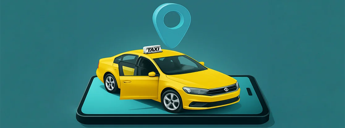 custom taxi app development with a taxi and smartphone