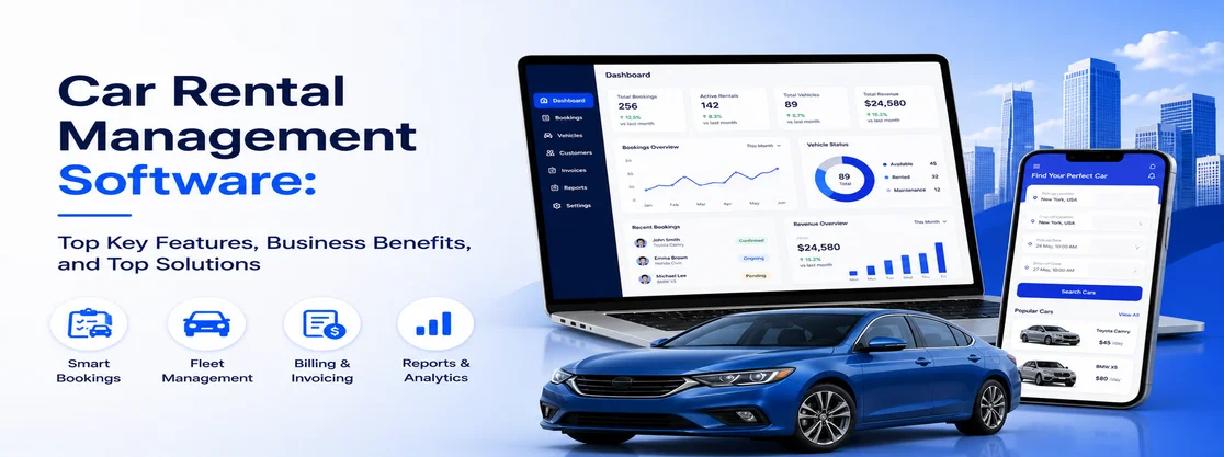 car rental office with digital dashboard showing fleet analytics and booking data, symbolizing automation and smart mobility management
