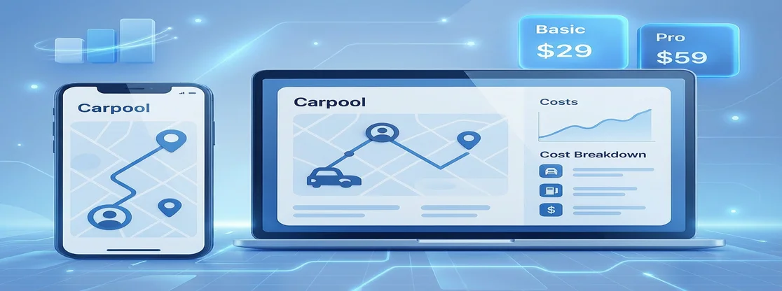 white-label carpool software showing app screens with pricing charts and ride-sharing icons in a modern SaaS layout