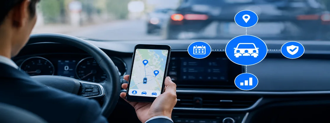 modern corporate carpooling system with a digital map and GPS route lines