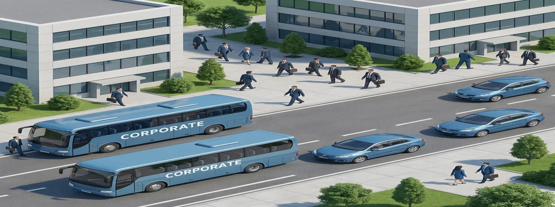 corporate campus showing both shuttle buses and employee carpools as commute options