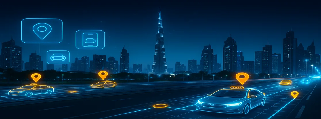 view of Dubai city with ride-hailing taxis and digital GPS routes representing the growth of Careem clone