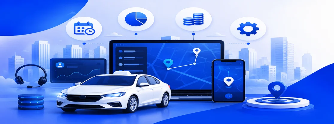 3D-style taxi dispatch software illustration featuring a white taxi car, laptop and smartphone with live route tracking, analytics dashboards, scheduling, and pricing management tools