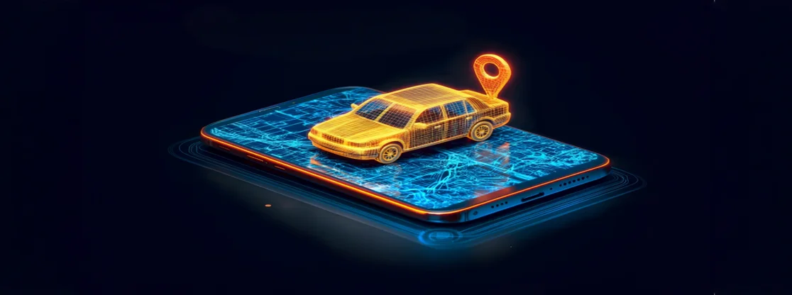 digital taxi dispatch app on smartphone with 3D car and GPS location pin, symbolizing ride booking, automation, and real-time fleet tracking