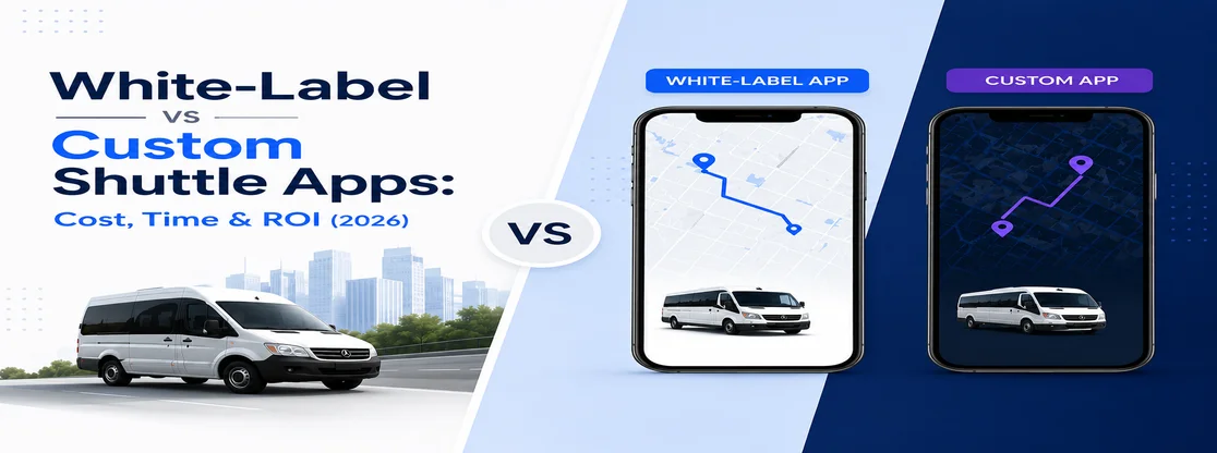 White-label vs custom shuttle apps comparison showing shuttle vehicles, mobile app screens, route tracking maps,