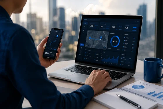 modern taxi dispatch software workspace with a laptop and smartphone displaying ride management dashboards, route tracking, analytics, and pricing data