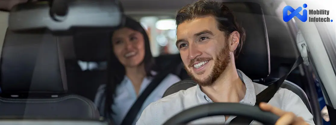 A man driving car with ride