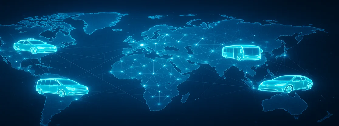 global mobility network showing connected cities and vehicles symbolizing white-label taxi and ride-hailing software