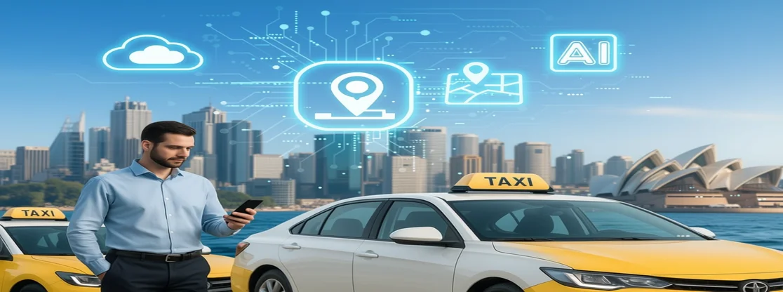 australian taxi drivers using a ride-hailing app with Sydney skyline