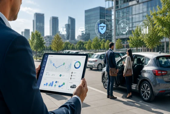 carpool software comparison charts on a screen, highlighting decision-making factors like pricing, compliance, and scalability in a European business environment