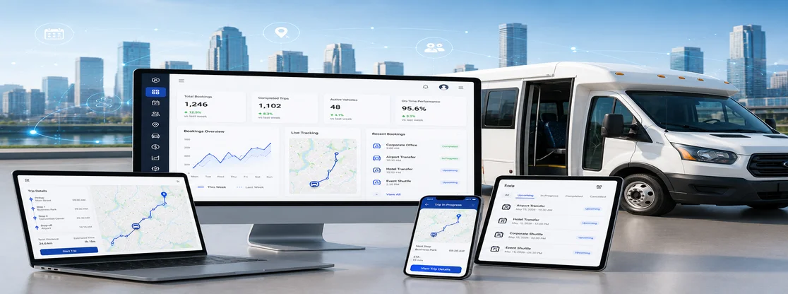 modern shuttle buses with a digital map and GPS route lines in a futuristic city setting