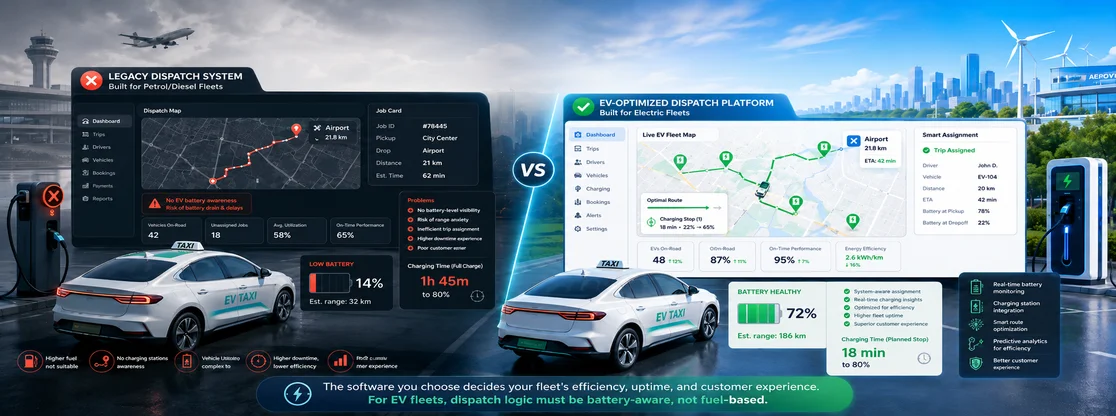 Side-by-side comparison of legacy taxi dispatch software versus EV-optimized dispatch software, highlighting battery-aware trip assignment, charging station planning, vehicle range, and EV fleet efficiency