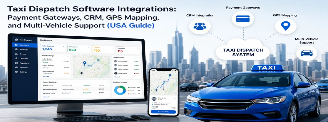 Modern taxi dispatch software dashboard with taxi, GPS tracking, CRM integration, payment gateway icons, and multi-vehicle fleet support displayed on desktop and mobile devices in a USA city