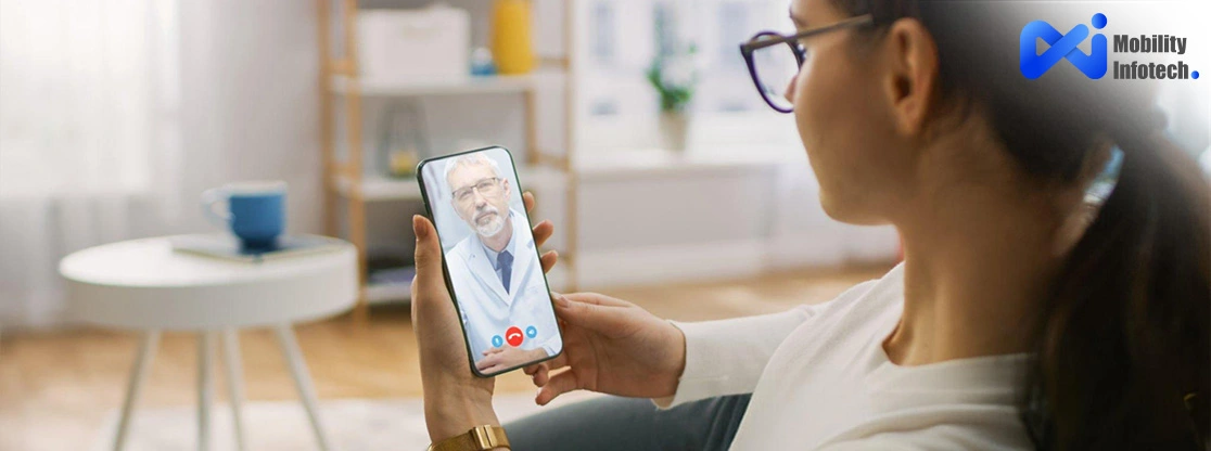 Patient having an online video consultation with a doctor via app.