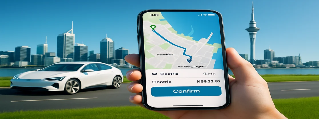 white-label ride-hailing app in Auckland with electric car and Skyline background, rider booking via smartphone
