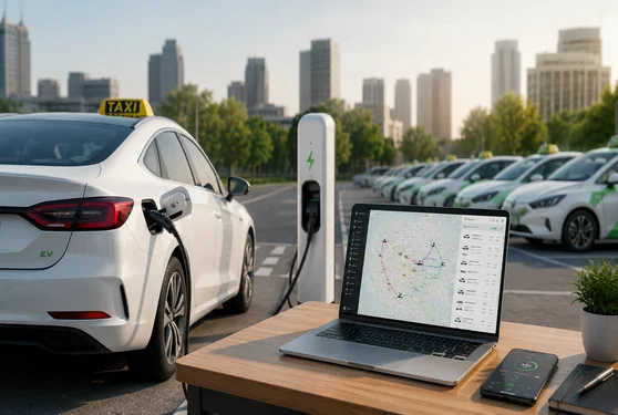 EV taxi fleet operations banner showing a clean electric taxi charging station, a laptop with fleet route management dashboard, and multiple electric taxis parked in a modern urban fleet yard