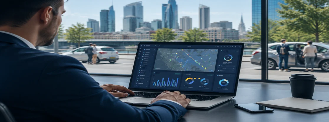 business professionals evaluating carpool software on a digital dashboard in a modern European office setting