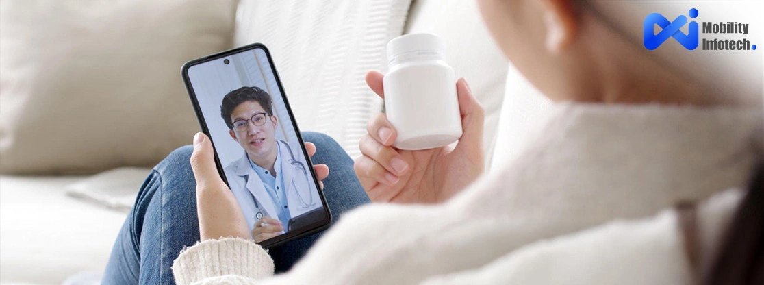 Woman consults doctor online holding medicine bottle