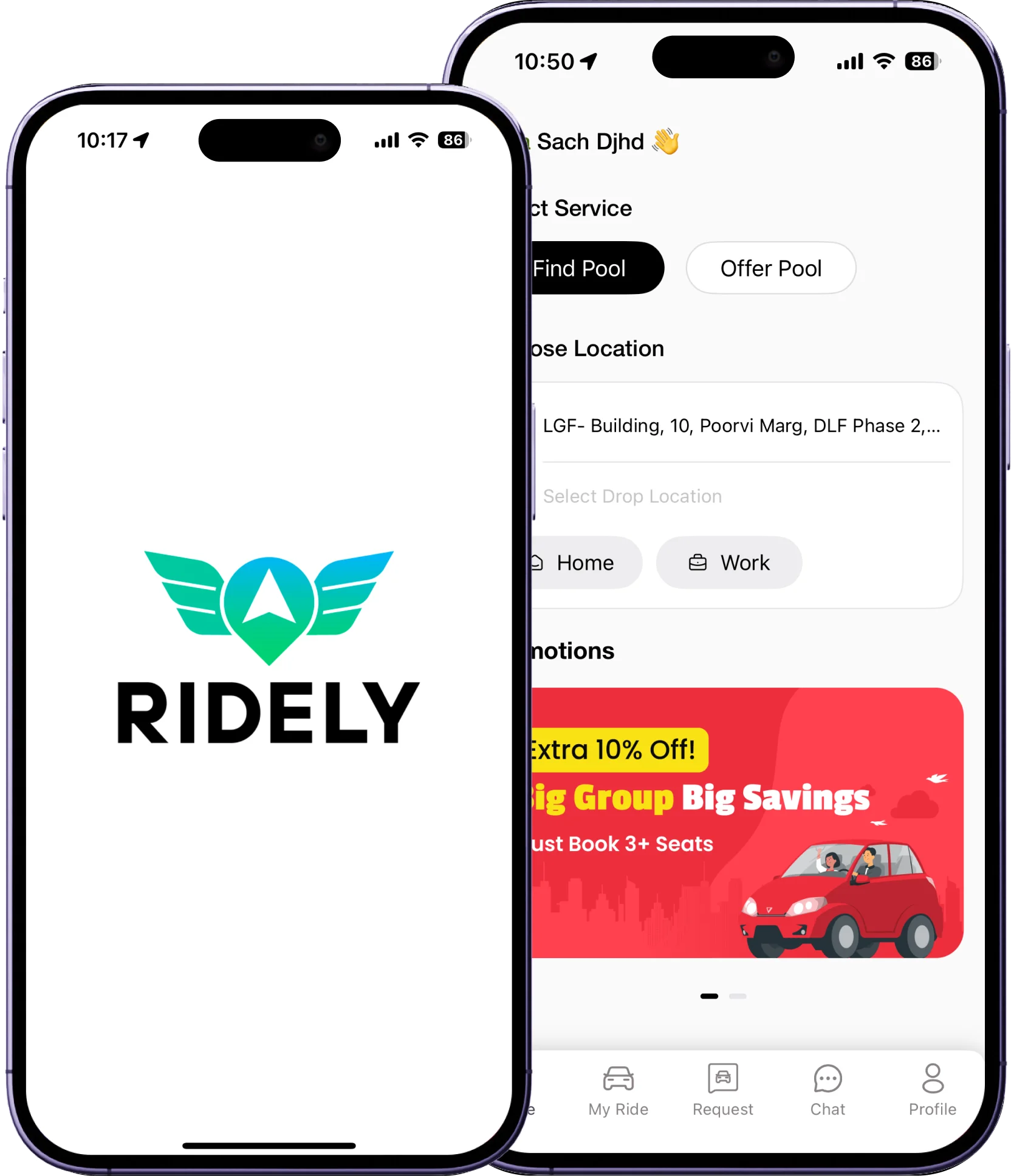 Ridely carpool app interface